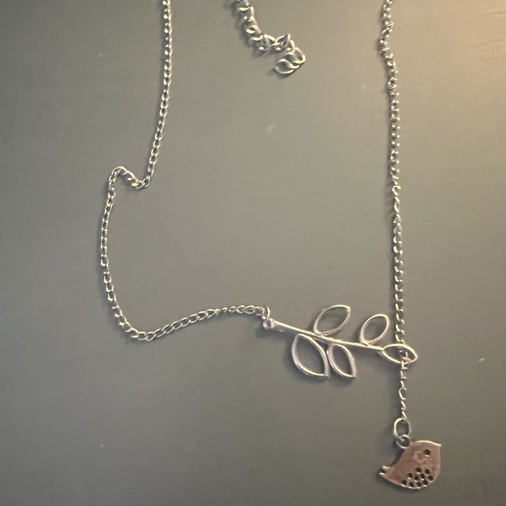 Silver Bird and Leaf Necklace